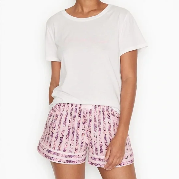 NWT Victoria’s Secret Pink Floral Cotton Short Tee Pajamas Set - Picture 2 of 5